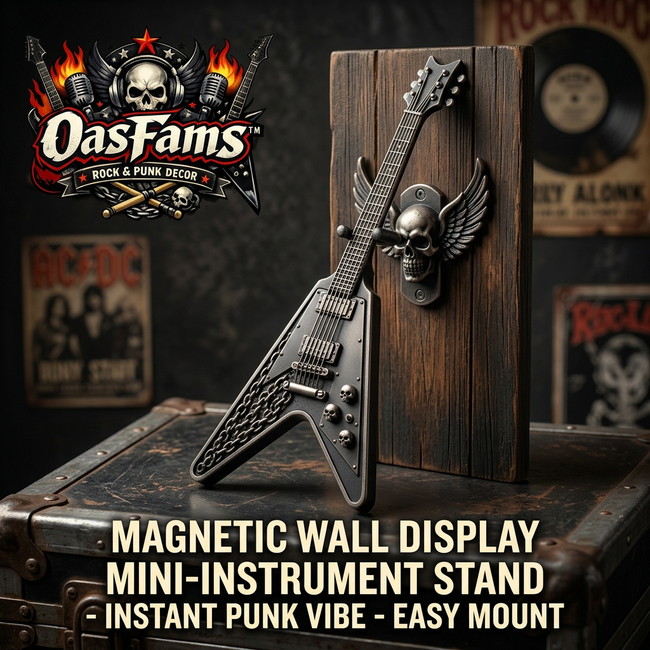 OasFams™ Magnetic Wall Display Mini Guitar Stand - Flying V Miniature Instrument Hanger with Winged Skull Rustic Wood Plaque, Gothic Punk Rock Home Decor & Cool Musician Gift