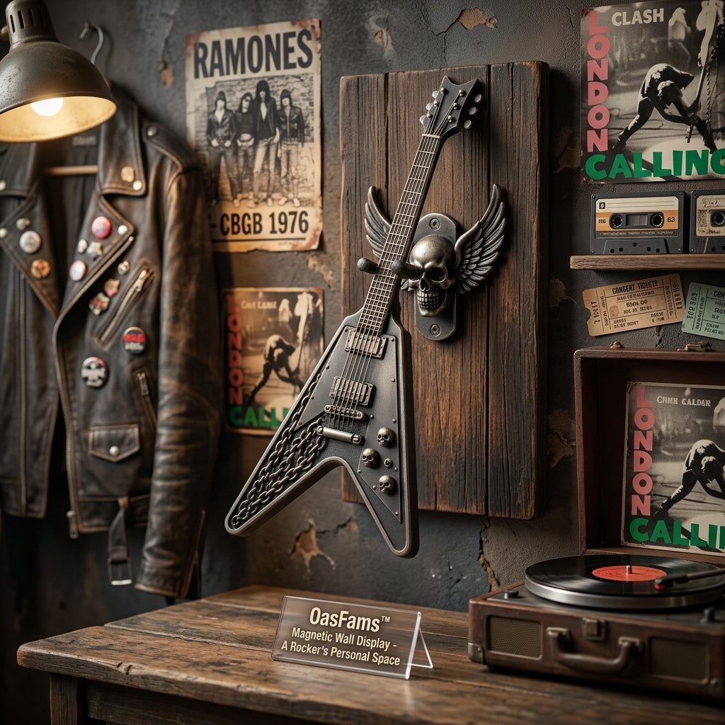 OasFams™ Magnetic Wall Display Mini Guitar Stand - Flying V Miniature Instrument Hanger with Winged Skull Rustic Wood Plaque, Gothic Punk Rock Home Decor & Cool Musician Gift