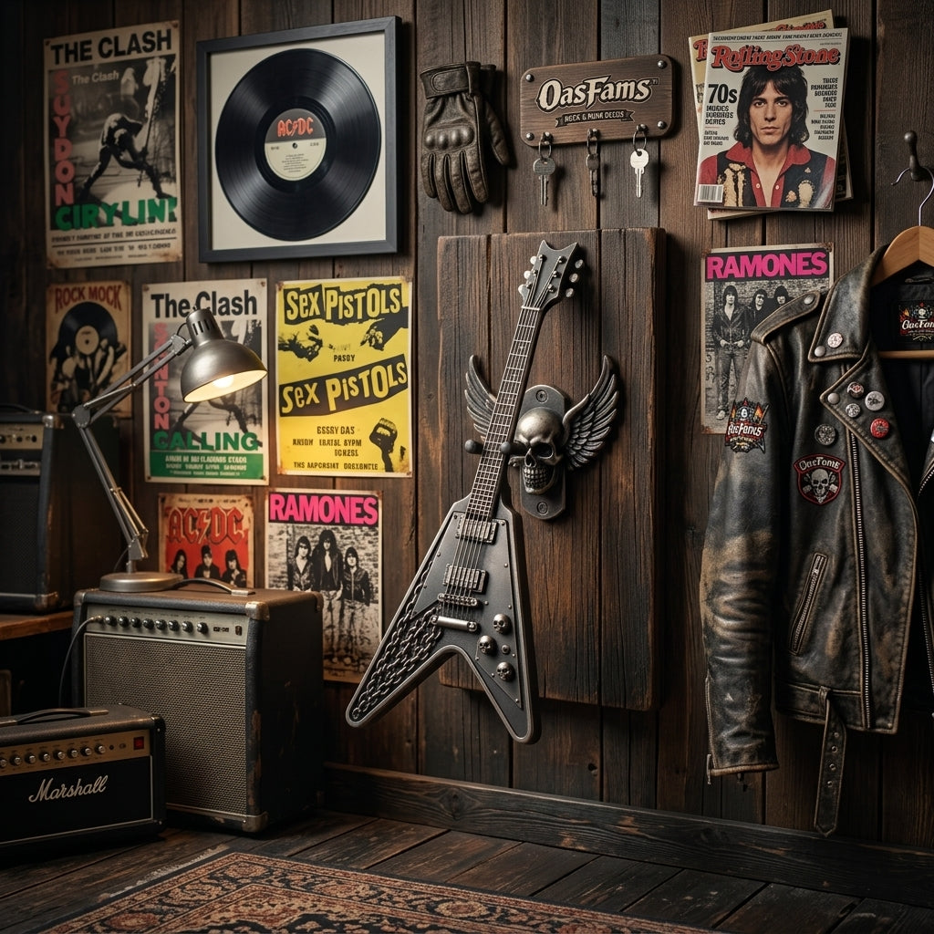 OasFams™ Magnetic Wall Display Mini Guitar Stand - Flying V Miniature Instrument Hanger with Winged Skull Rustic Wood Plaque, Gothic Punk Rock Home Decor & Cool Musician Gift