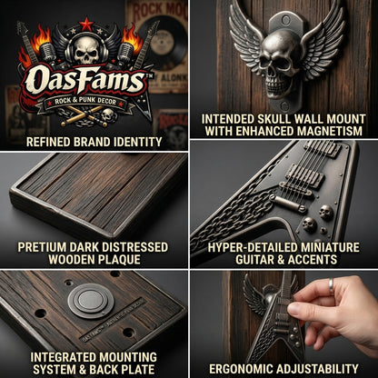 OasFams™ Magnetic Wall Display Mini Guitar Stand - Flying V Miniature Instrument Hanger with Winged Skull Rustic Wood Plaque, Gothic Punk Rock Home Decor & Cool Musician Gift