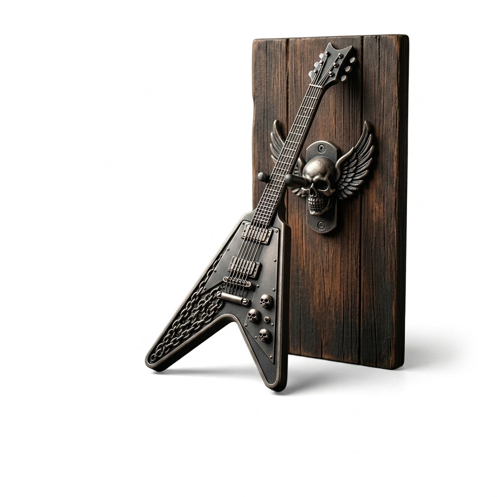 OasFams™ Magnetic Wall Display Mini Guitar Stand - Flying V Miniature Instrument Hanger with Winged Skull Rustic Wood Plaque, Gothic Punk Rock Home Decor & Cool Musician Gift