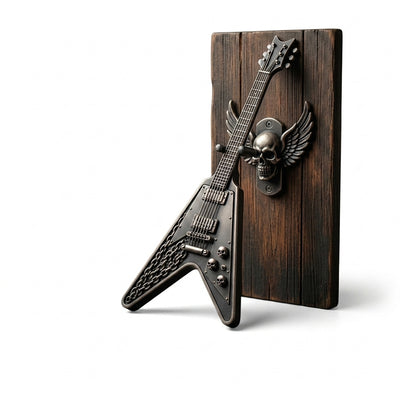 OasFams™ Magnetic Wall Display Mini Guitar Stand - Flying V Miniature Instrument Hanger with Winged Skull Rustic Wood Plaque, Gothic Punk Rock Home Decor & Cool Musician Gift