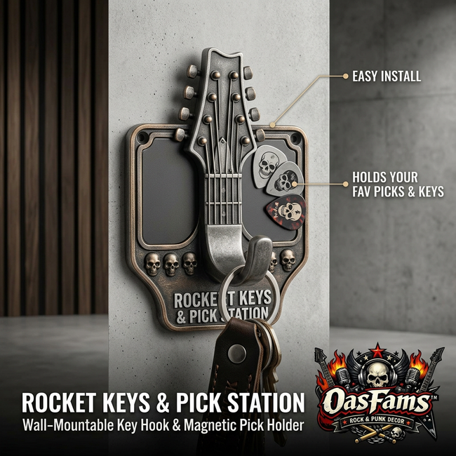 OasFams™ Rocket Keys & Pick Station - Magnetic Guitar Pick Holder and Wall Mount Key Hook, Gothic Skull Rock & Roll Key Rack Organizer, Cool Musician & Guitarist Gift for Entryway, Studio, and Garage