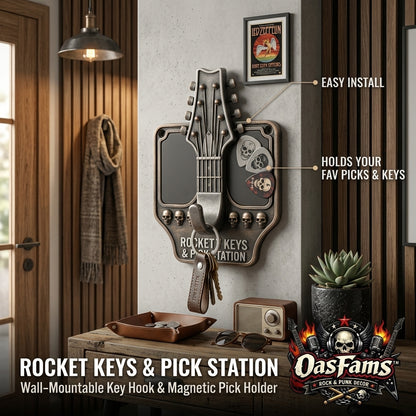OasFams™ Rocket Keys & Pick Station - Magnetic Guitar Pick Holder and Wall Mount Key Hook, Gothic Skull Rock & Roll Key Rack Organizer, Cool Musician & Guitarist Gift for Entryway, Studio, and Garage