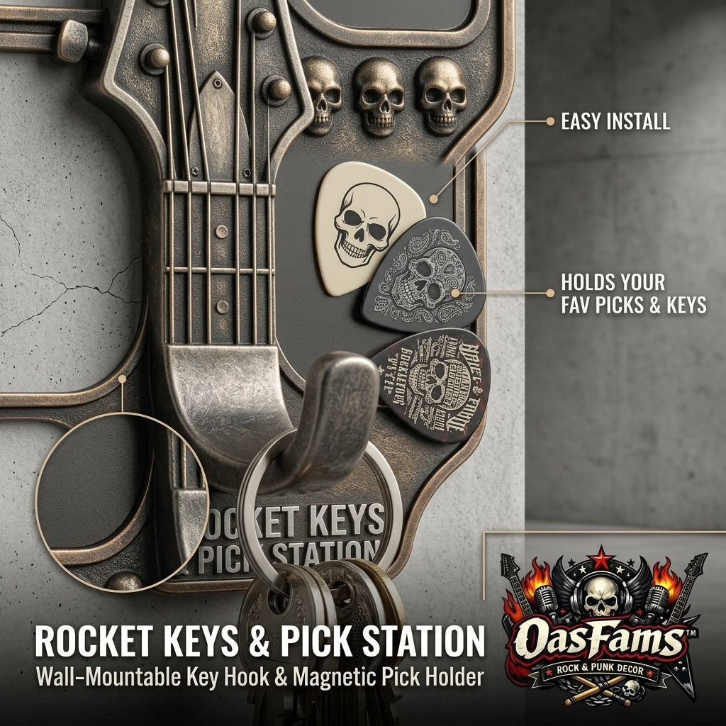 OasFams™ Rocket Keys & Pick Station - Magnetic Guitar Pick Holder and Wall Mount Key Hook, Gothic Skull Rock & Roll Key Rack Organizer, Cool Musician & Guitarist Gift for Entryway, Studio, and Garage