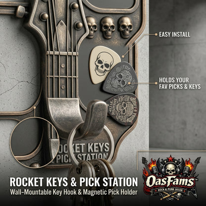 OasFams™ Rocket Keys & Pick Station - Magnetic Guitar Pick Holder and Wall Mount Key Hook, Gothic Skull Rock & Roll Key Rack Organizer, Cool Musician & Guitarist Gift for Entryway, Studio, and Garage