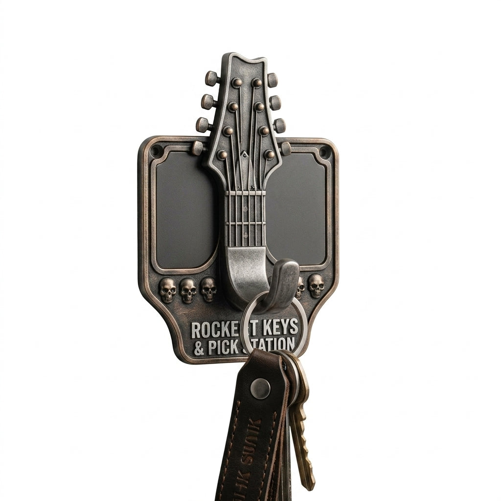OasFams™ Rocket Keys & Pick Station - Magnetic Guitar Pick Holder and Wall Mount Key Hook, Gothic Skull Rock & Roll Key Rack Organizer, Cool Musician & Guitarist Gift for Entryway, Studio, and Garage
