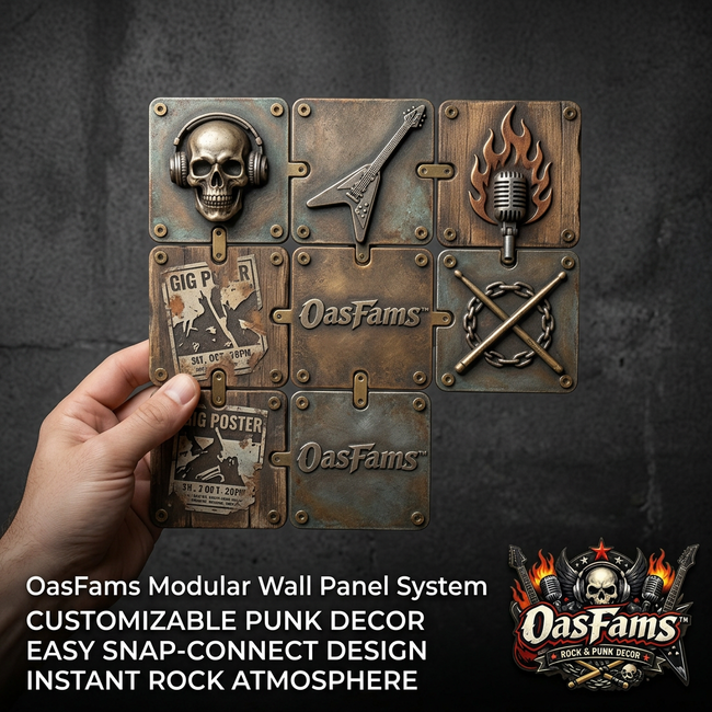 OasFams™ Modular Wall Panel System - Customizable Punk & Rock Music Decor, 3D Industrial Snap-Connect Wall Tiles for Man Cave, Home Studio, Game Room, and Teen Bedroom Wall Art Set