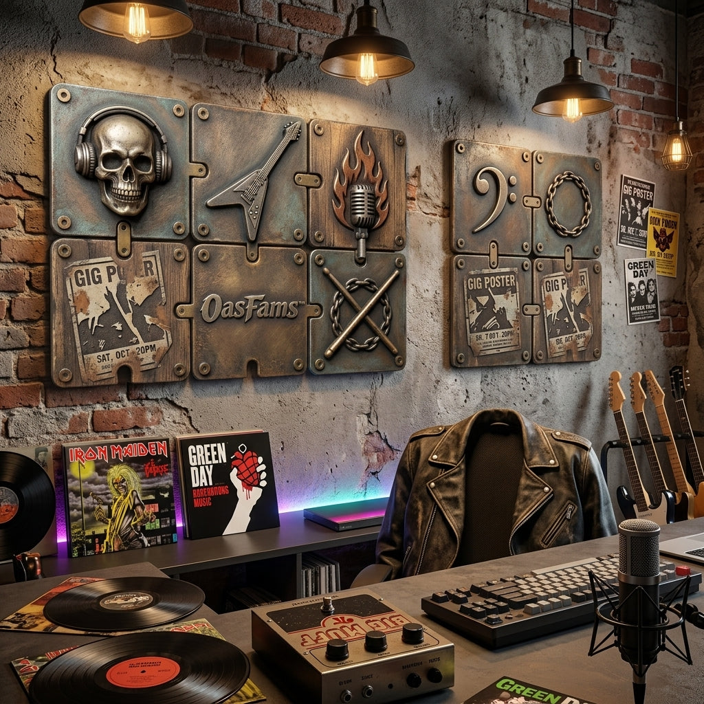 OasFams™ Modular Wall Panel System - Customizable Punk & Rock Music Decor, 3D Industrial Snap-Connect Wall Tiles for Man Cave, Home Studio, Game Room, and Teen Bedroom Wall Art Set