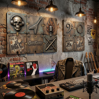 OasFams™ Modular Wall Panel System - Customizable Punk & Rock Music Decor, 3D Industrial Snap-Connect Wall Tiles for Man Cave, Home Studio, Game Room, and Teen Bedroom Wall Art Set