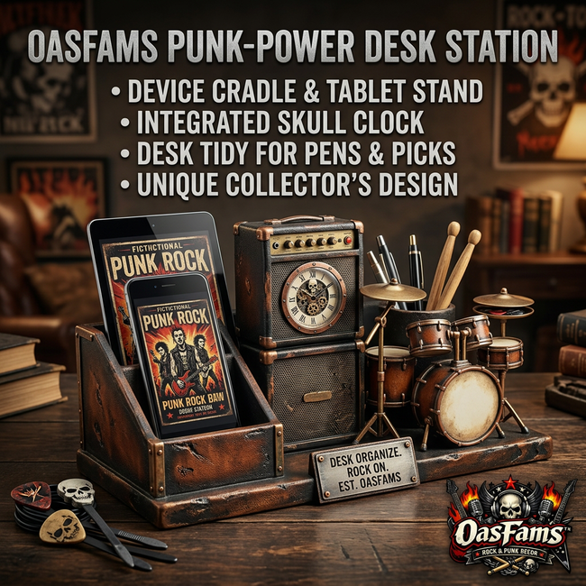 OasFams™ Punk Rock Desk Organizer - Retro Amp Skull Clock, Drum Set Pen Holder, and Dual Phone & Tablet Stand | Cool Musician Gifts, Gothic Steampunk Office Decor for Guitarists, Drummers & Rock Fans