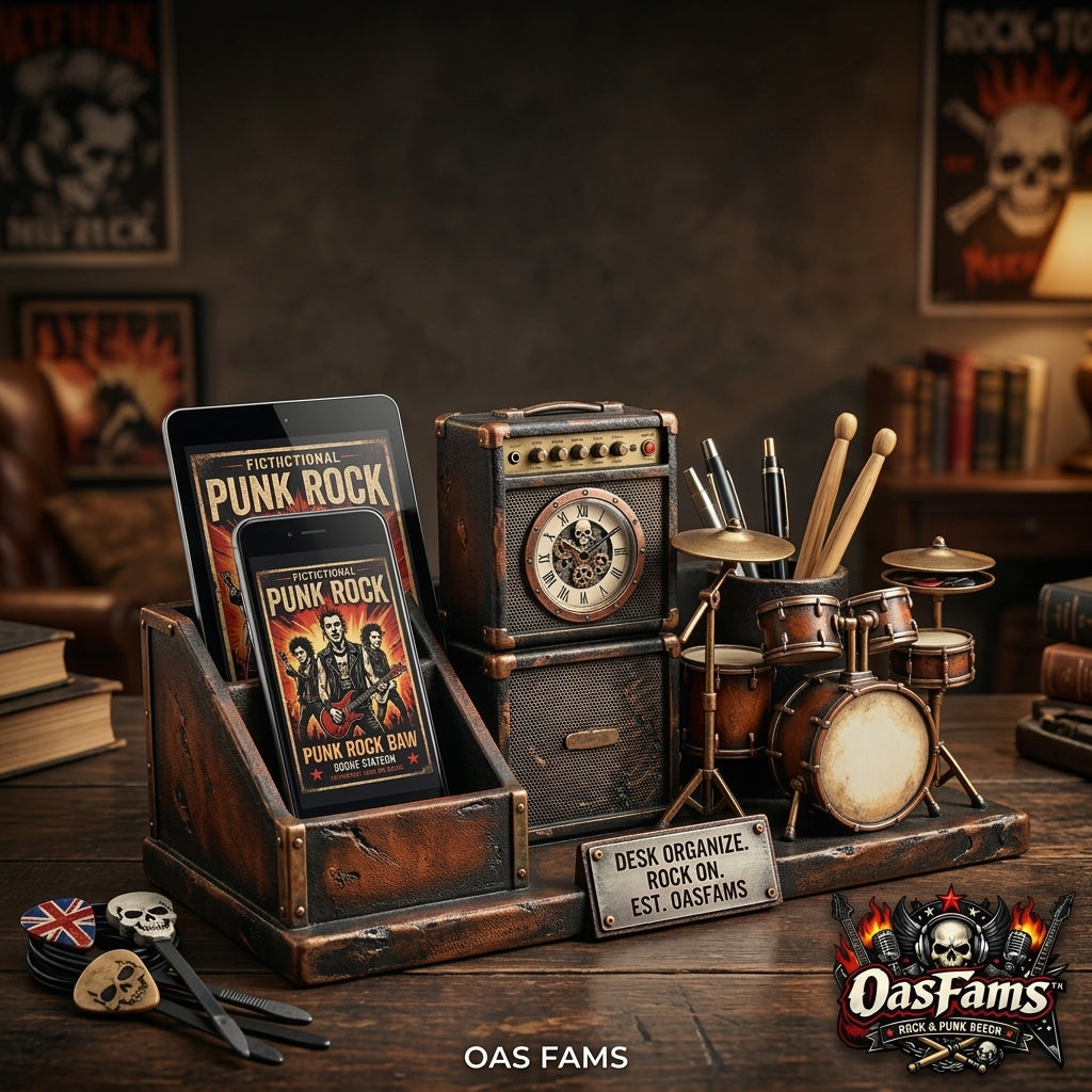 OasFams™ Punk Rock Desk Organizer - Retro Amp Skull Clock, Drum Set Pen Holder, and Dual Phone & Tablet Stand | Cool Musician Gifts, Gothic Steampunk Office Decor for Guitarists, Drummers & Rock Fans