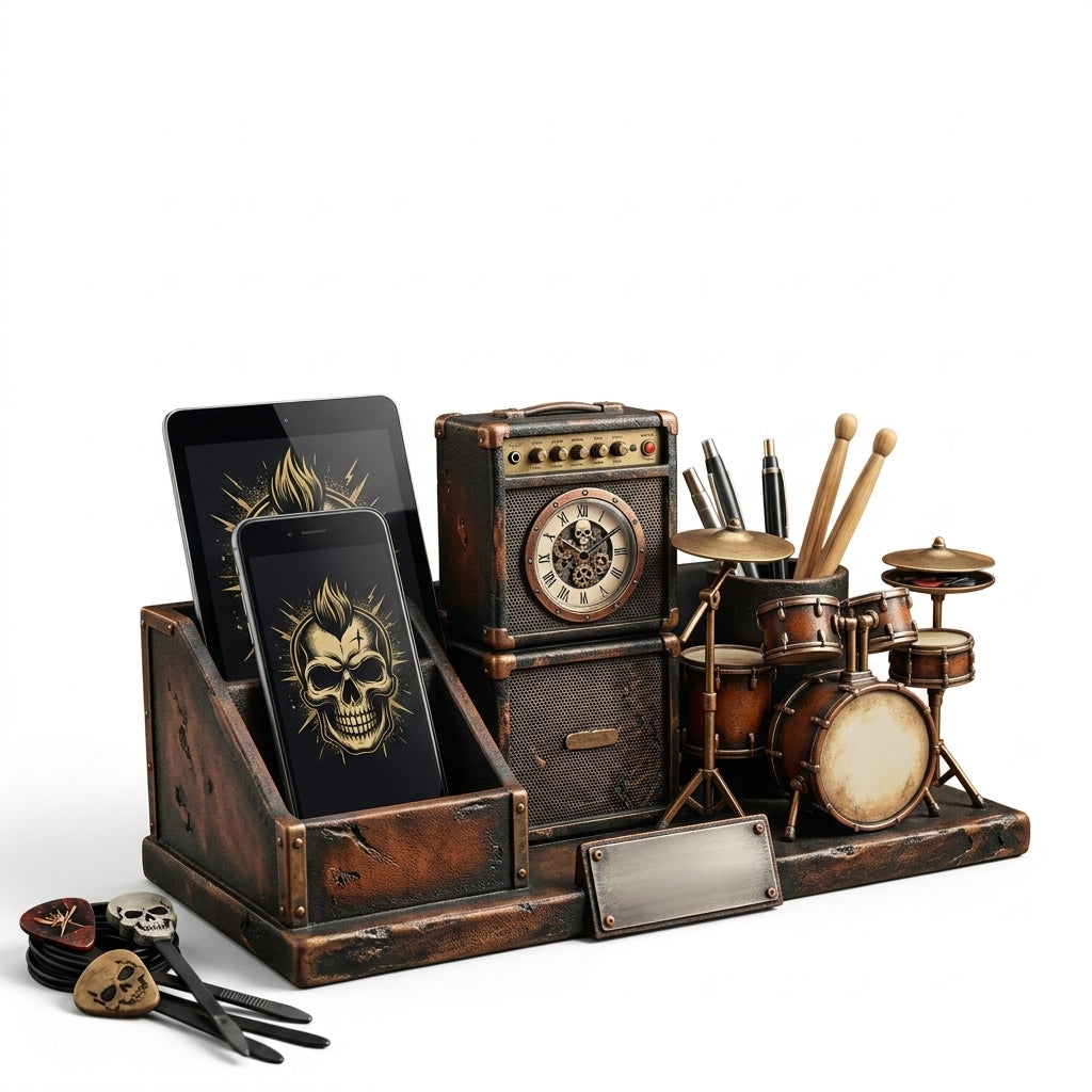OasFams™ Punk Rock Desk Organizer - Retro Amp Skull Clock, Drum Set Pen Holder, and Dual Phone & Tablet Stand | Cool Musician Gifts, Gothic Steampunk Office Decor for Guitarists, Drummers & Rock Fans