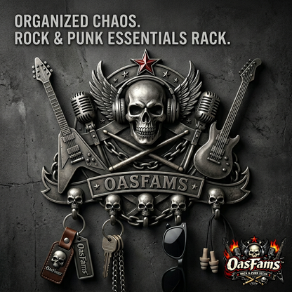 OasFams™ Rock & Roll Skull Key Holder for Wall - Heavy Metal Punk Style Wall Mounted Key Rack with 5 Skull Hooks - Gothic Home Decor, Guitar & Microphone Decorative Hanger for Keys, Sunglasses, Lanyards - Cool Gift for Musicians & Rock Fans