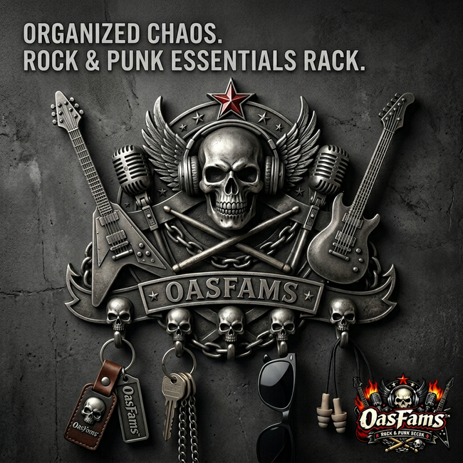 OasFams™ Rock & Roll Skull Key Holder for Wall - Heavy Metal Punk Style Wall Mounted Key Rack with 5 Skull Hooks - Gothic Home Decor, Guitar & Microphone Decorative Hanger for Keys, Sunglasses, Lanyards - Cool Gift for Musicians & Rock Fans
