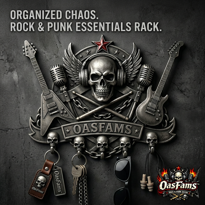 OasFams™ Rock & Roll Skull Key Holder for Wall - Heavy Metal Punk Style Wall Mounted Key Rack with 5 Skull Hooks - Gothic Home Decor, Guitar & Microphone Decorative Hanger for Keys, Sunglasses, Lanyards - Cool Gift for Musicians & Rock Fans
