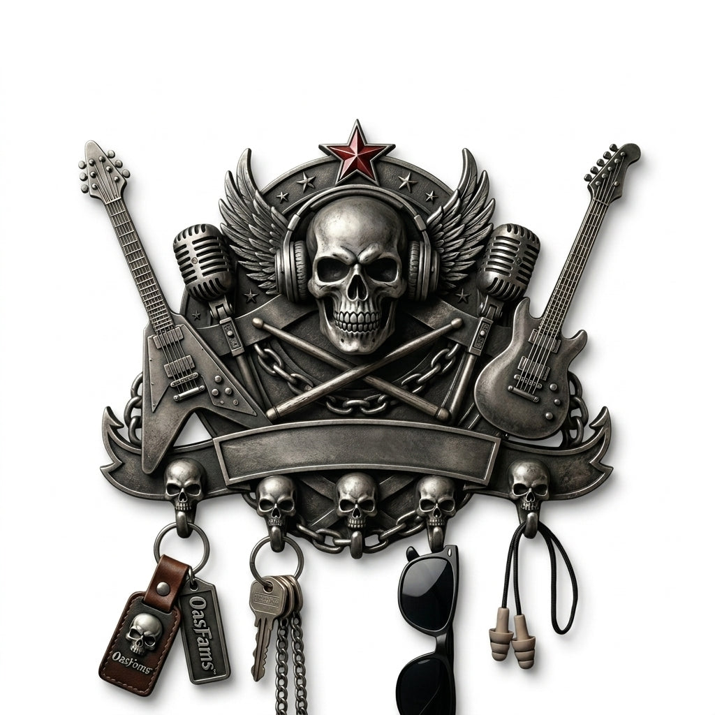 OasFams™ Rock & Roll Skull Key Holder for Wall - Heavy Metal Punk Style Wall Mounted Key Rack with 5 Skull Hooks - Gothic Home Decor, Guitar & Microphone Decorative Hanger for Keys, Sunglasses, Lanyards - Cool Gift for Musicians & Rock Fans