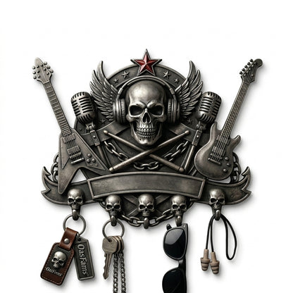 OasFams™ Rock & Roll Skull Key Holder for Wall - Heavy Metal Punk Style Wall Mounted Key Rack with 5 Skull Hooks - Gothic Home Decor, Guitar & Microphone Decorative Hanger for Keys, Sunglasses, Lanyards - Cool Gift for Musicians & Rock Fans