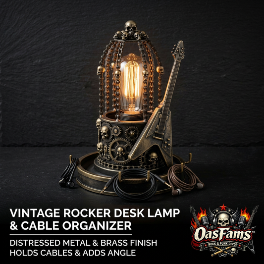 OasFams™ Vintage Rocker Desk Lamp & Cable Organizer, Industrial Steampunk Skull Table Lamp with Flying V Guitar, Distressed Metal & Brass Finish Gothic Decor, Headphone & Cord Holder for Rock & Punk Fans