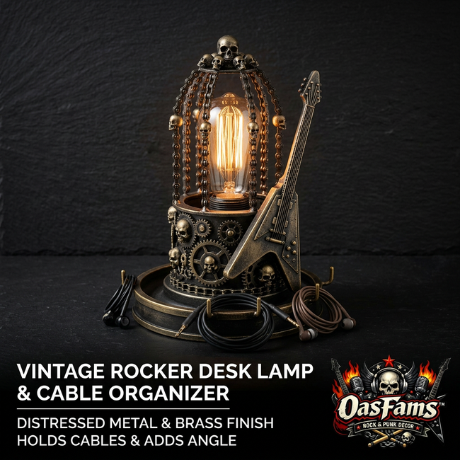 OasFams™ Vintage Rocker Desk Lamp & Cable Organizer, Industrial Steampunk Skull Table Lamp with Flying V Guitar, Distressed Metal & Brass Finish Gothic Decor, Headphone & Cord Holder for Rock & Punk Fans